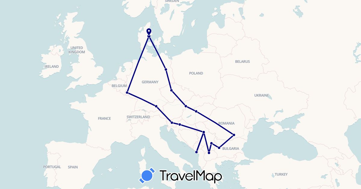 TravelMap itinerary: driving in Bulgaria, Czech Republic, Germany, Denmark, Croatia, Hungary, Luxembourg, Montenegro, Macedonia, Romania, Serbia, Slovenia, Slovakia (Europe)